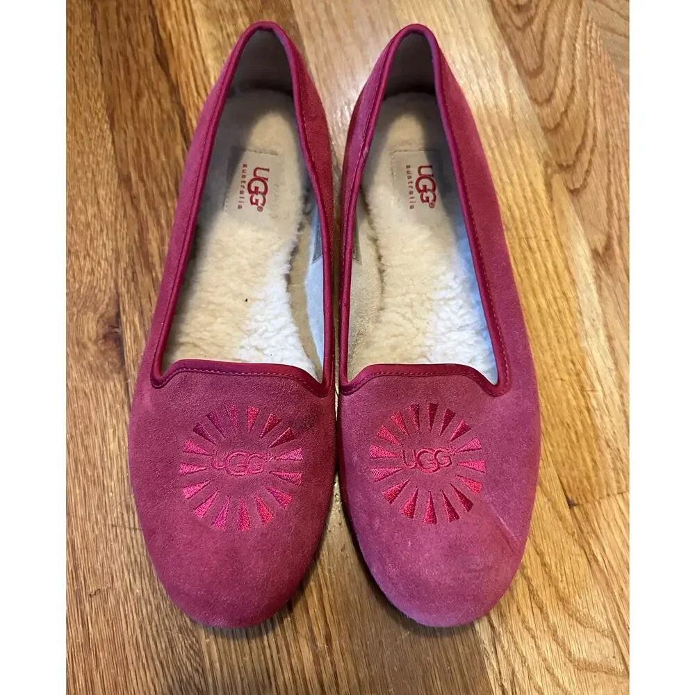Ugg Alloway Leather Sheepskin Logo Pink Slip on Flats Shoes Women’s 8 Classic